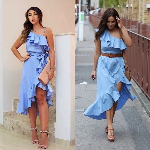 NWT SANDRO Cotton Poplin Sleeveless One Shoulder Ruffle Trim Faux Wrap Dress L - Picture 8 of 9